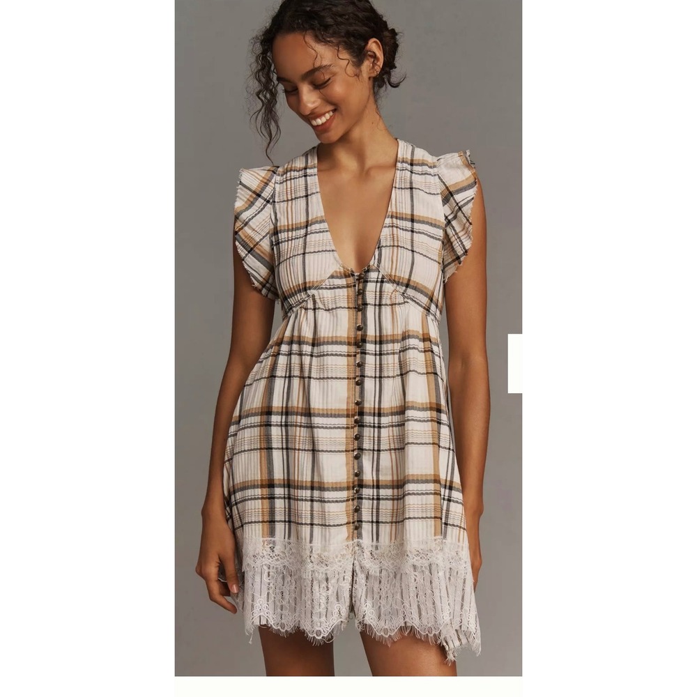 Pilcro Anthropologie Plaid Lace Trim Mini Dress Ruffle Sleeve Neutral V-Neck